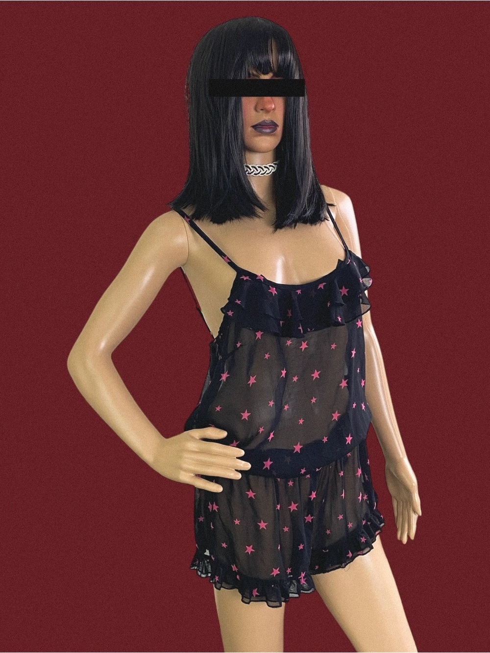 Sheer Black Romper with Pink Stars